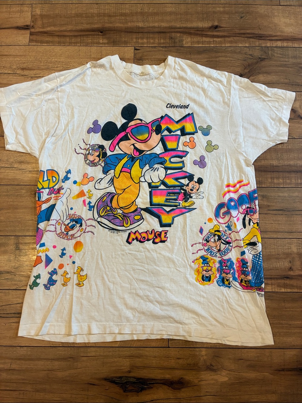 Vintage Disney White Graphic Tee with Multicolor Mickey Design